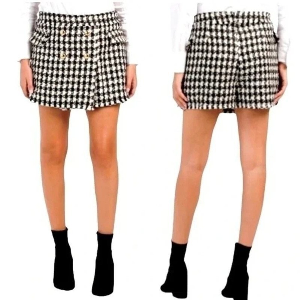 House of Harlow Houndstooth Tweed Boucle Skort Skirt Gold Buttons Wool Blend XL - Picture 12 of 12